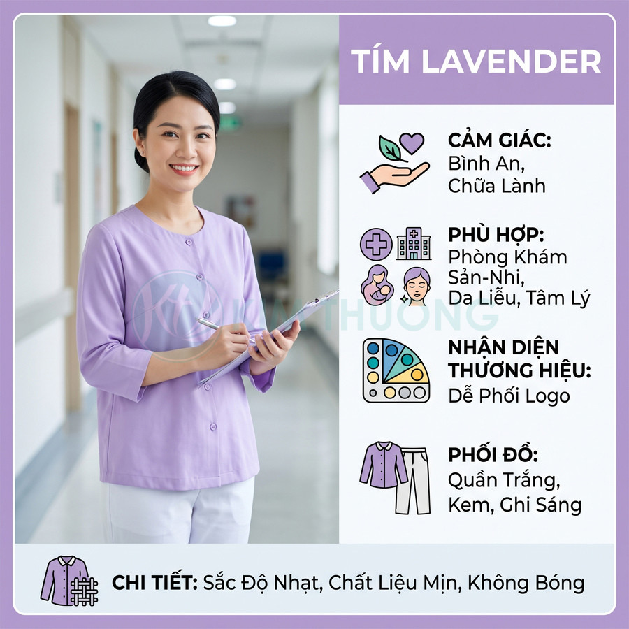 Đồng phục y tá màu tím lavender tay lửng chất liệu mịn không bóng phối quần trắng trong hành lang bệnh viện