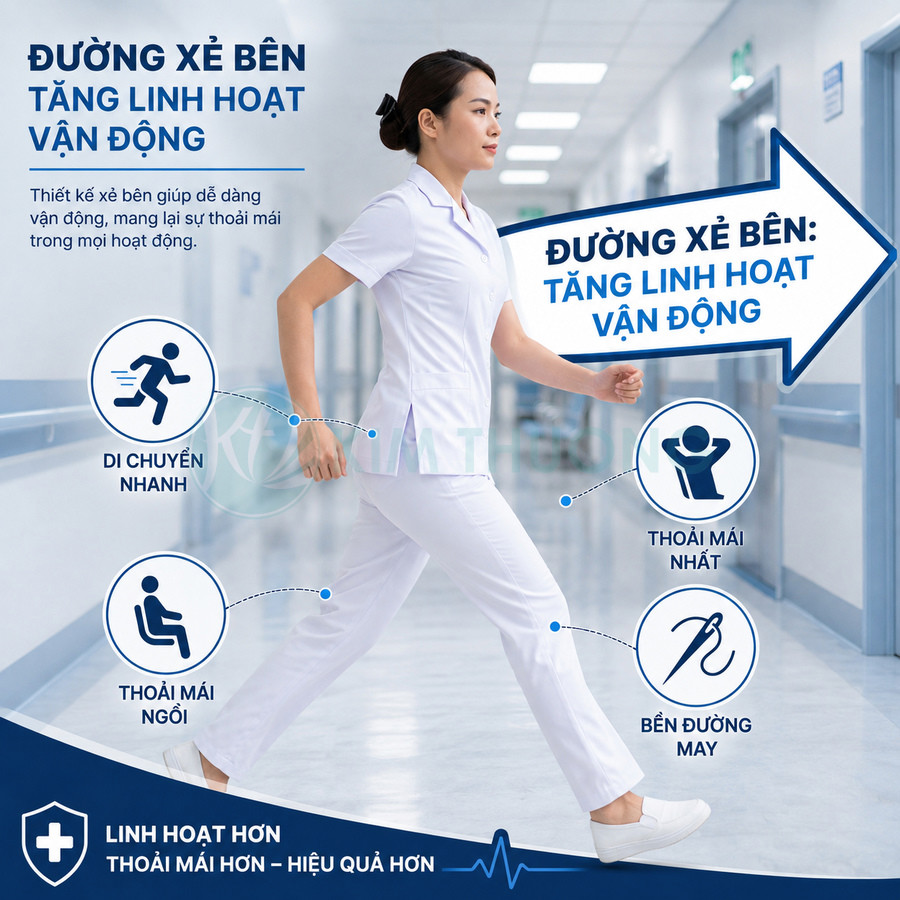 Đồng phục y tá màu trắng thiết kế co giãn, đường may bền giúp di chuyển linh hoạt và thoải mái trong bệnh viện