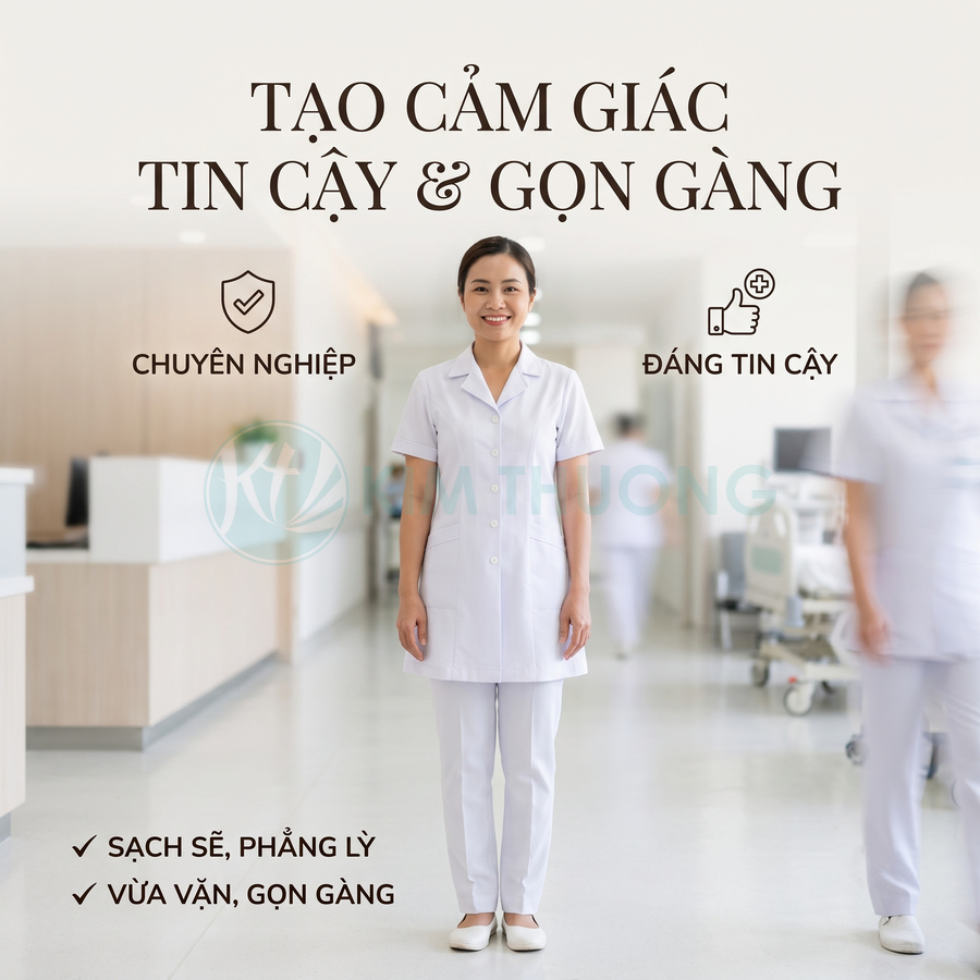 Đồng phục y tá màu trắng sạch sẽ phẳng phiu tạo cảm giác chuyên nghiệp và đáng tin cậy trong bệnh viện