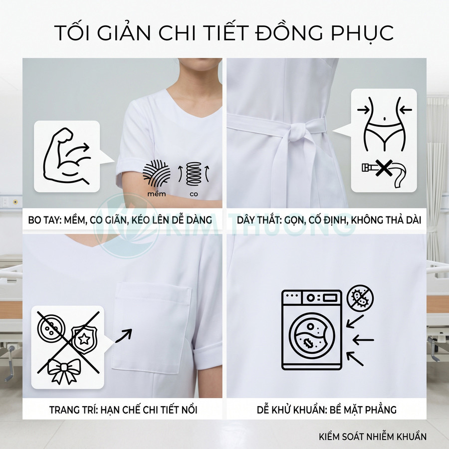 Đồng phục y tá màu trắng tối giản, tay bo co giãn, dây thắt lưng gọn, ít chi tiết trang trí, dễ giặt khử khuẩn