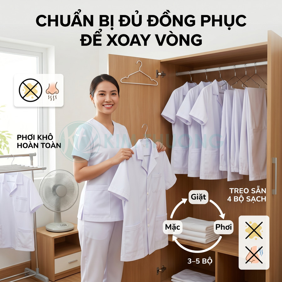 Nữ điều dưỡng mặc đồng phục y tá trắng đứng trước tủ quần áo treo nhiều bộ đồng phục sạch