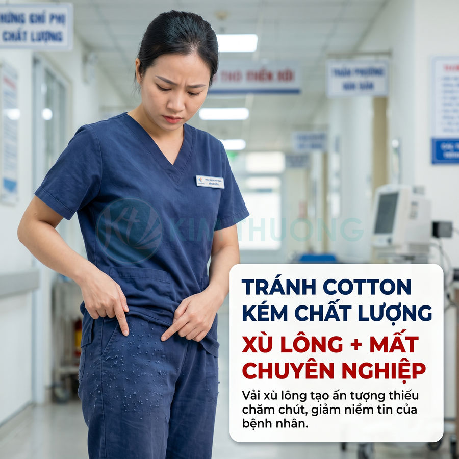 Đồng phục y tá màu xanh bị xù lông ở quần, làm giảm vẻ chuyên nghiệp trong môi trường bệnh viện