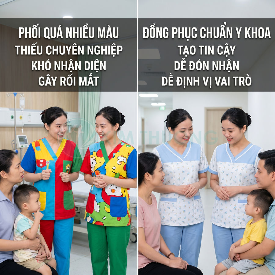 So sánh đồng phục y tá nhiều màu sặc sỡ và đồng phục y tá chuẩn y khoa màu xanh nhạt trong bệnh viện