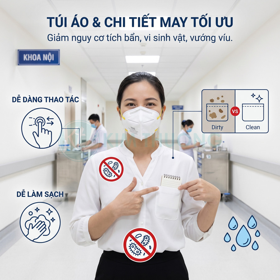 Nhân viên y tế đeo khẩu trang giới thiệu túi áo đồng phục tối ưu chống bám bẩn và dễ làm sạch trong bệnh viện