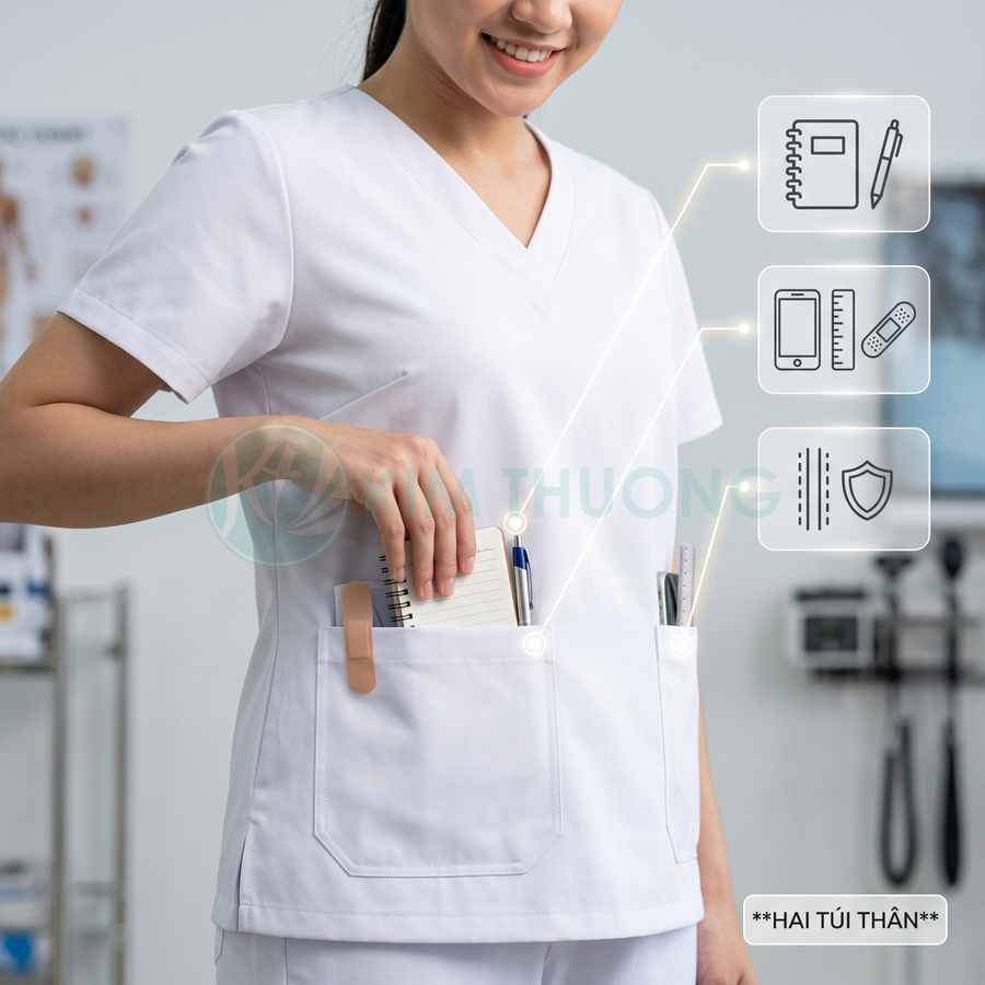 Đồng phục y tá màu trắng với hai túi trước rộng đựng sổ tay, bút và dụng cụ y tế