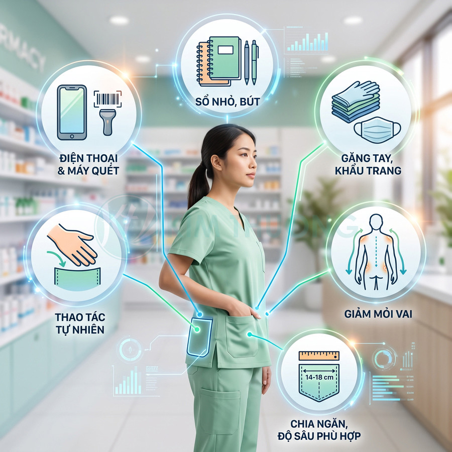 Đồng phục y tá màu xanh với nhiều túi tiện dụng đựng điện thoại, sổ bút, găng tay và phụ kiện y tế