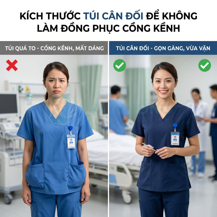 So sánh đồng phục y tá với túi quá to và túi vừa vặn gọn gàng trong phòng bệnh viện