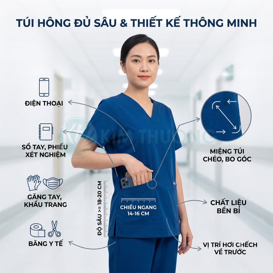 Đồng phục y tá màu xanh túi hông sâu đựng điện thoại và dụng cụ y tế tiện lợi