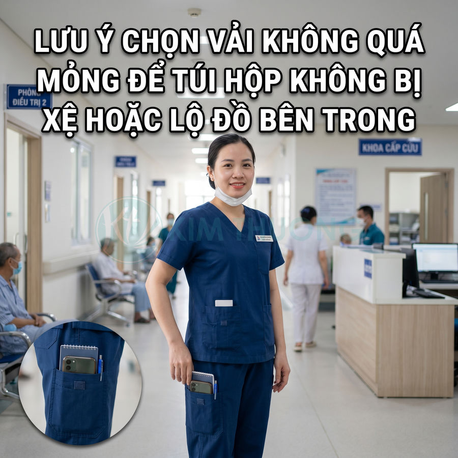 Đồng phục y tá màu xanh đậm với túi hộp đựng điện thoại và sổ tay tiện lợi trong bệnh viện