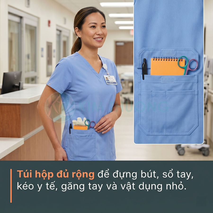 Đồng phục y tá màu xanh dương với túi áo rộng đựng bút, sổ tay, kéo y tế và vật dụng nhỏ