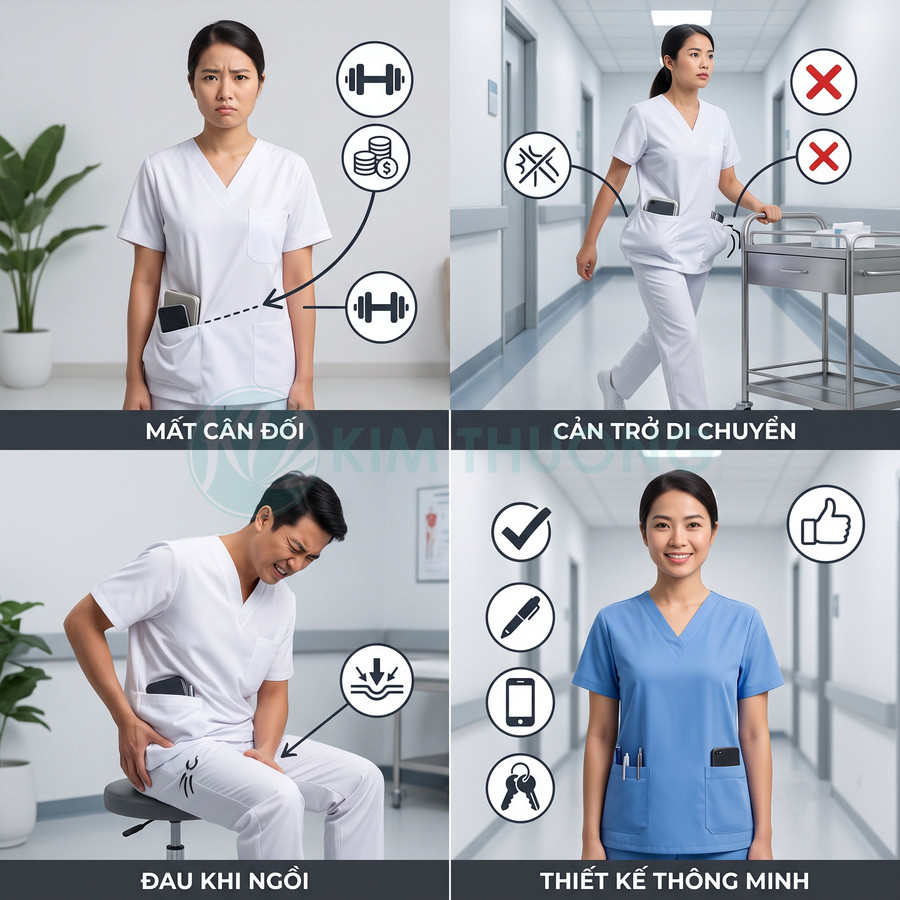 Đồng phục y tá thiết kế túi bên hông tiện lợi giúp cất điện thoại và dụng cụ, không vướng víu khi di chuyển