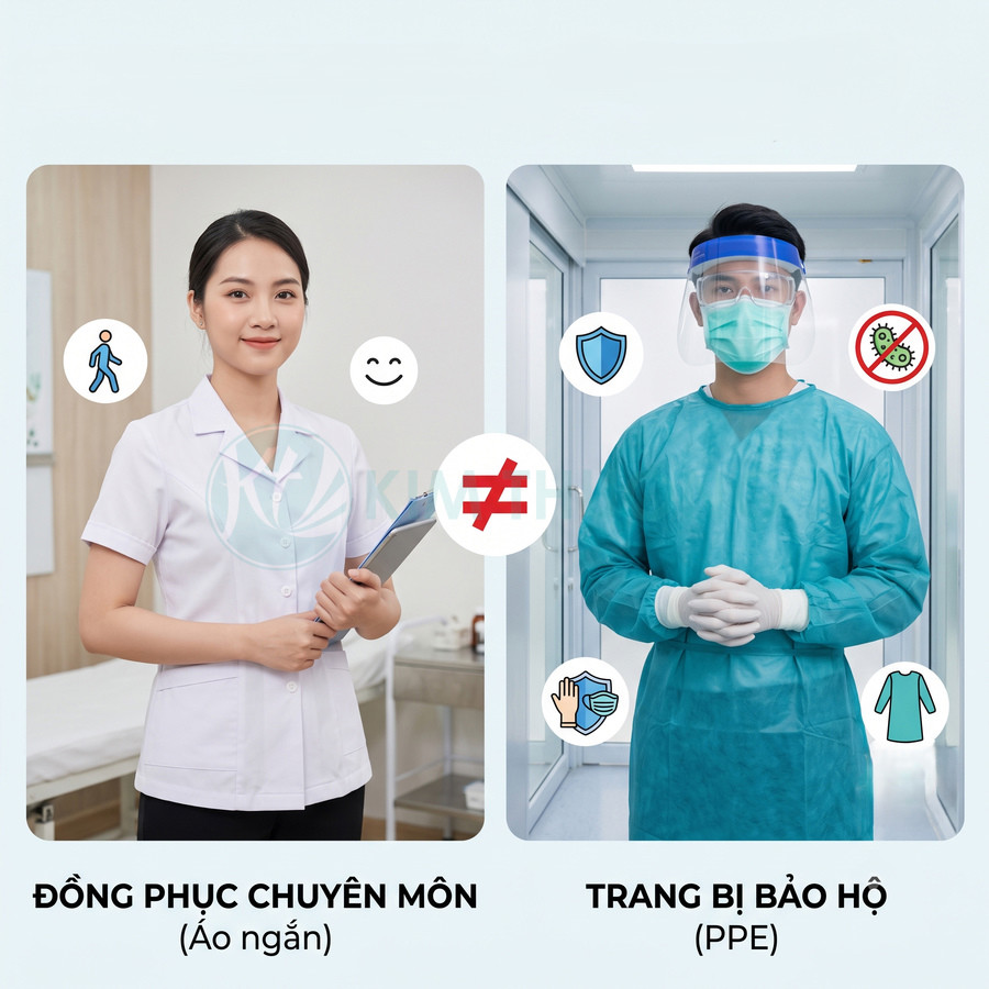 So sánh đồng phục y tá áo ngắn màu trắng và bộ đồ bảo hộ y tế PPE màu xanh trong bệnh viện