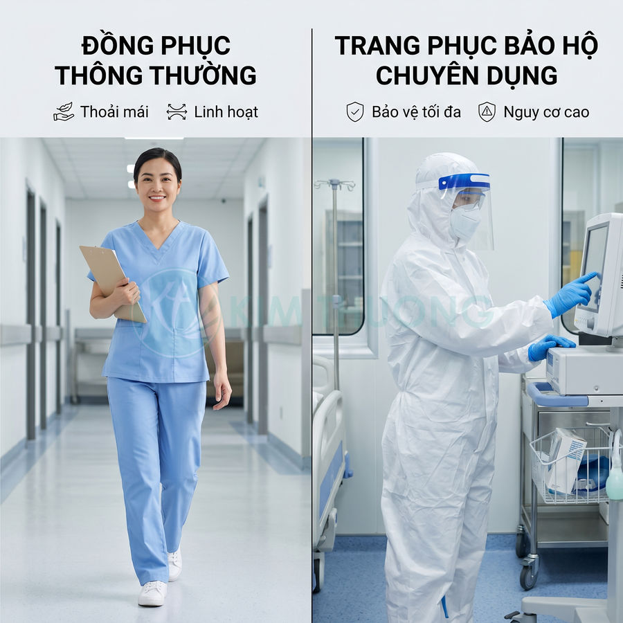 So sánh đồng phục y tá màu xanh và trang phục bảo hộ y tế toàn thân trong bệnh viện
