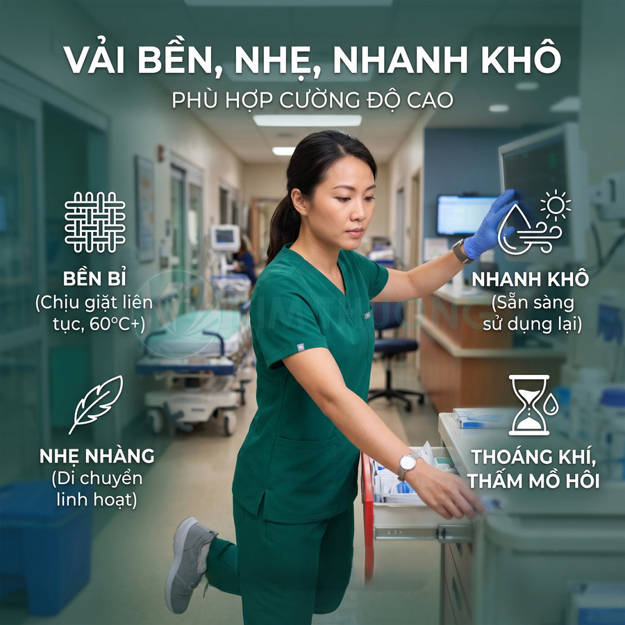 Đồng phục y tá màu xanh lá chất liệu bền nhẹ, nhanh khô, thoáng khí, phù hợp môi trường bệnh viện