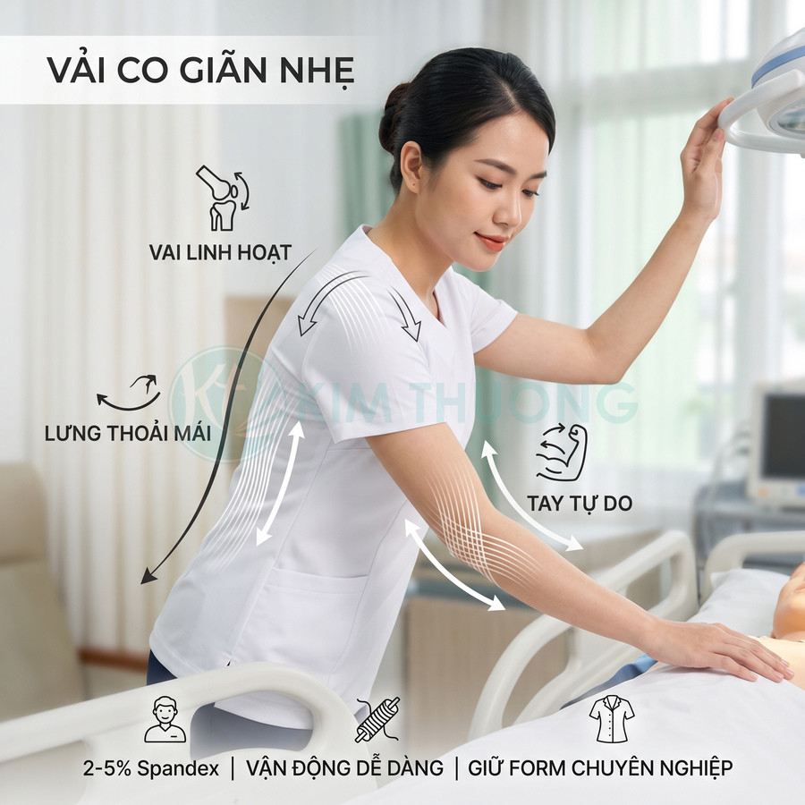 Đồng phục y tá nữ màu trắng chất liệu vải co giãn nhẹ giúp vận động linh hoạt và giữ form chuyên nghiệp