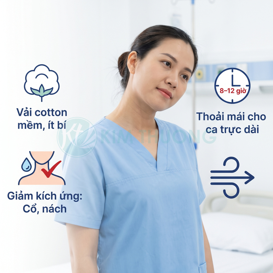 Đồng phục y tế màu xanh nhạt bằng vải cotton mềm thoáng, giảm kích ứng cổ nách và thoải mái khi trực dài 8 đến 12 giờ
