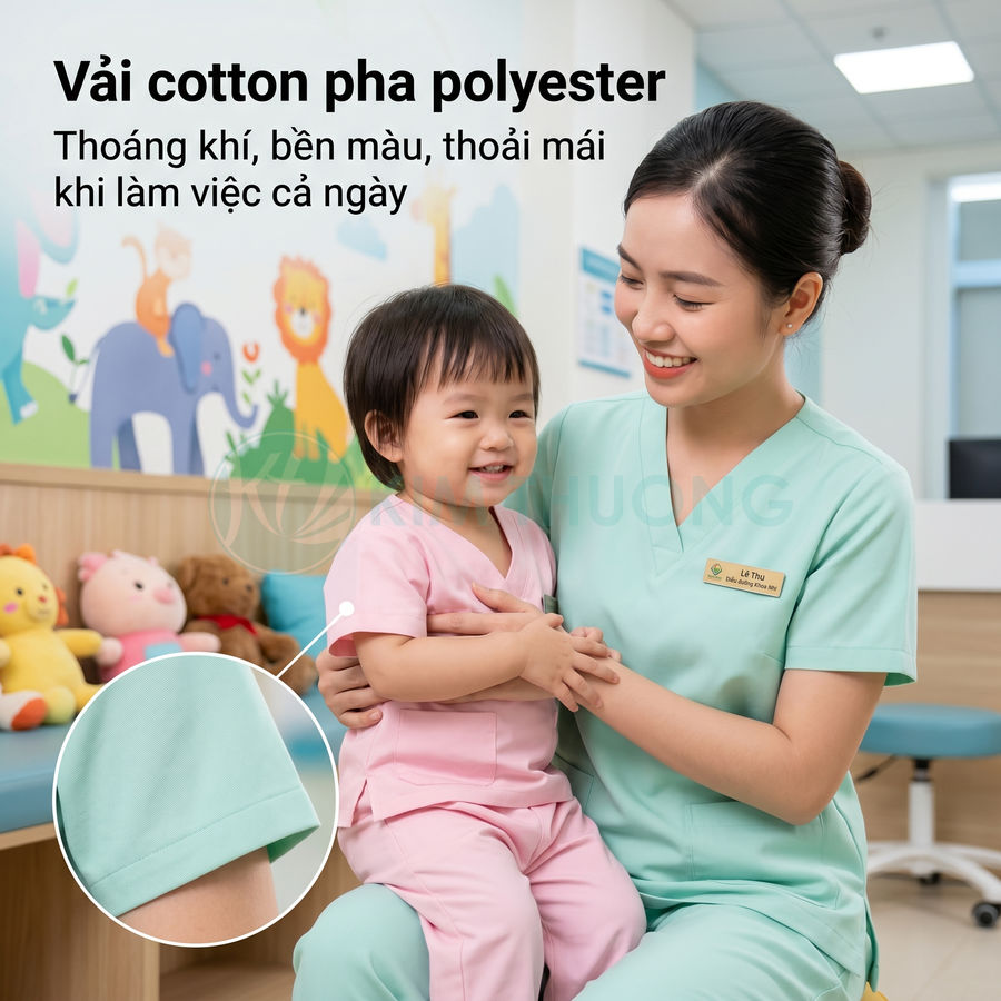 Đồng phục y tá vải cotton pha polyester màu xanh mint, bế bé mặc đồ y tế hồng trong phòng khám nhi