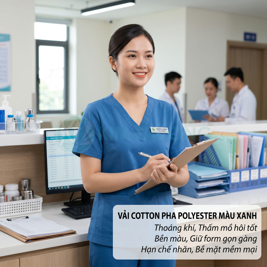 Đồng phục y tá vải cotton pha polyester màu xanh, cổ tim, dáng ôm gọn gàng trong môi trường bệnh viện