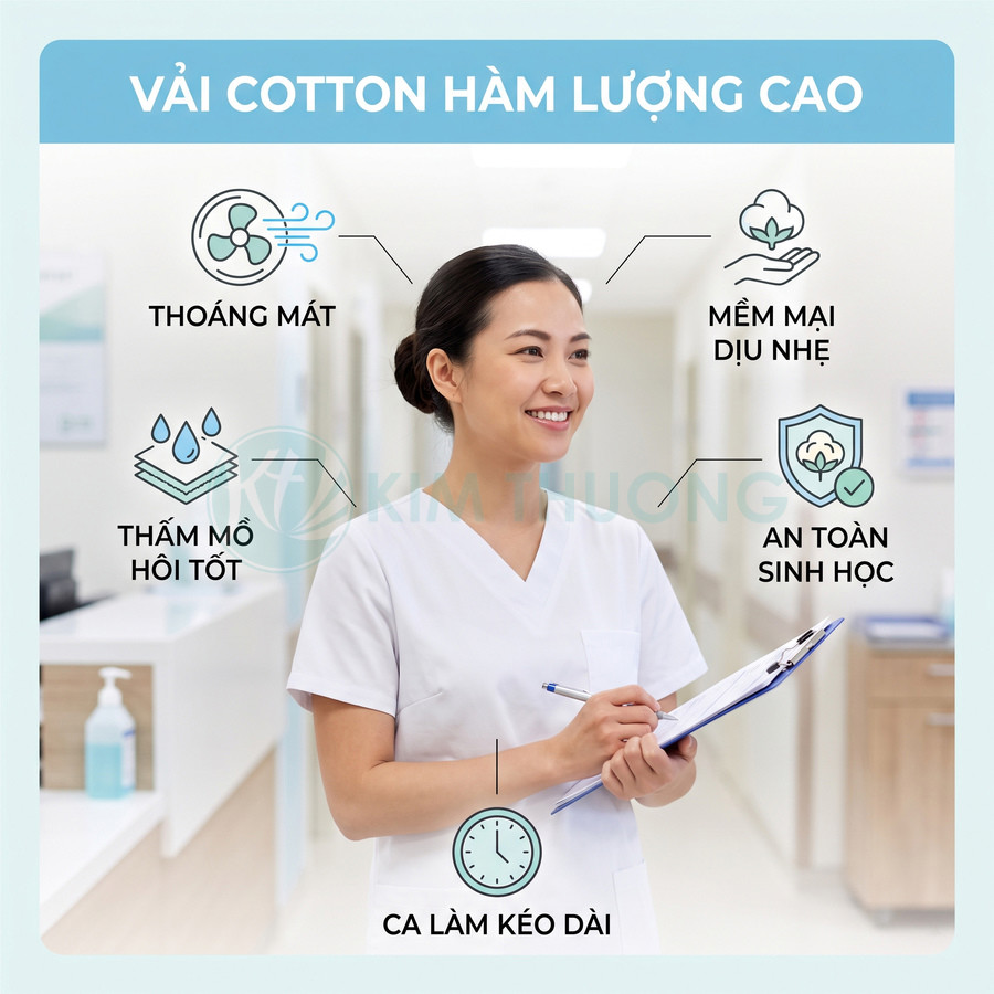 Đồng phục y tá vải cotton hàm lượng cao, thoáng mát, thấm mồ hôi tốt, mềm mại an toàn cho ca làm việc kéo dài