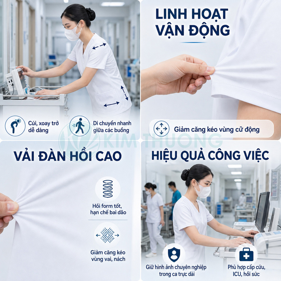 Đồng phục y tá vải thun trắng co giãn cao, linh hoạt vận động, phù hợp làm việc trong bệnh viện