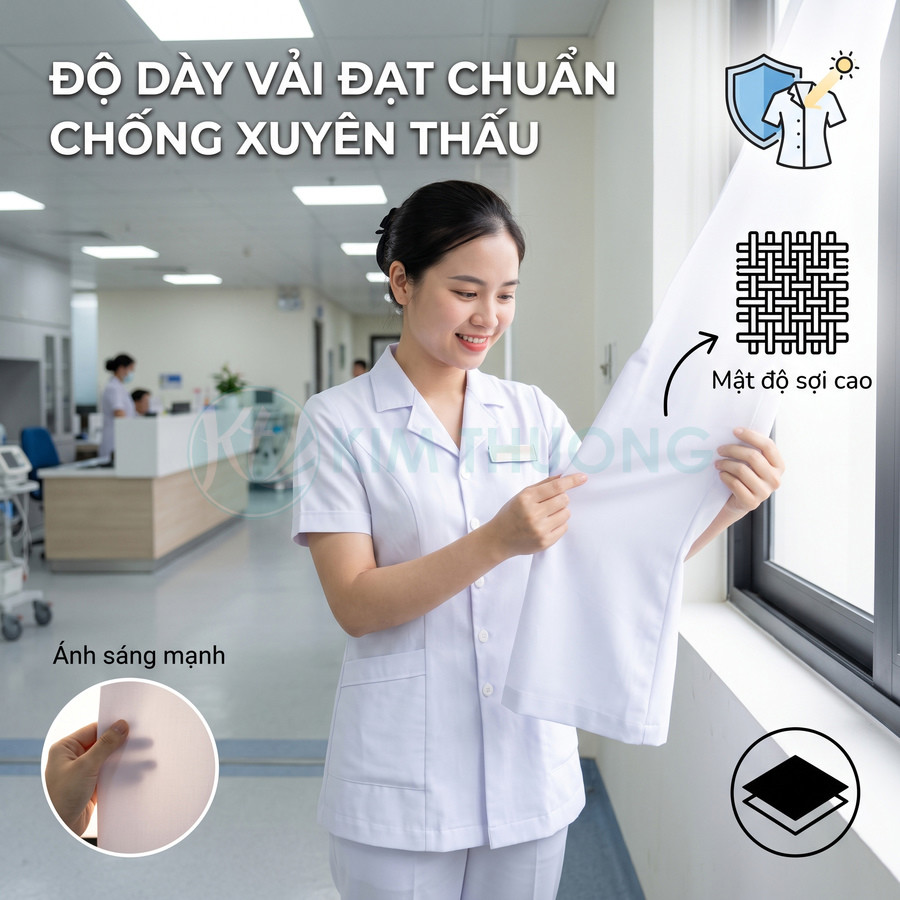 Nữ y tá mặc đồng phục trắng kiểm tra chất liệu vải dày chống xuyên thấu trong bệnh viện