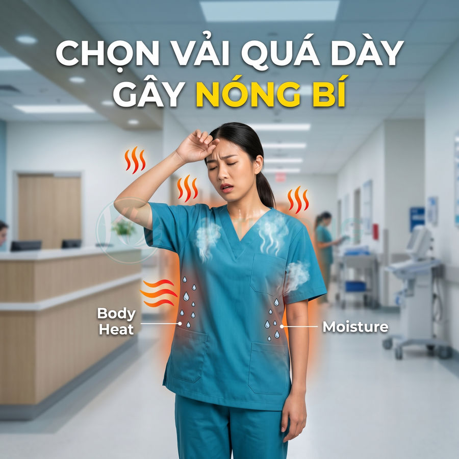Đồng phục y tá vải dày gây nóng bí, tích tụ nhiệt và mồ hôi trong môi trường bệnh viện
