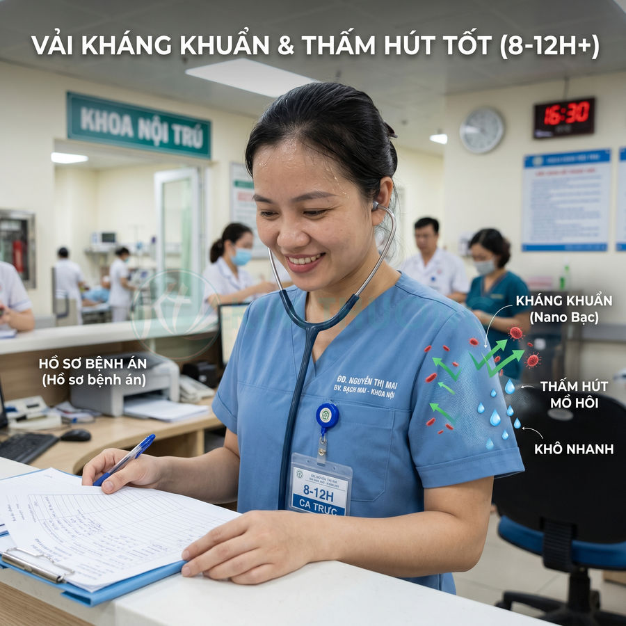 Đồng phục y tá vải kháng khuẩn nano bạc, thấm hút mồ hôi tốt trong bệnh viện