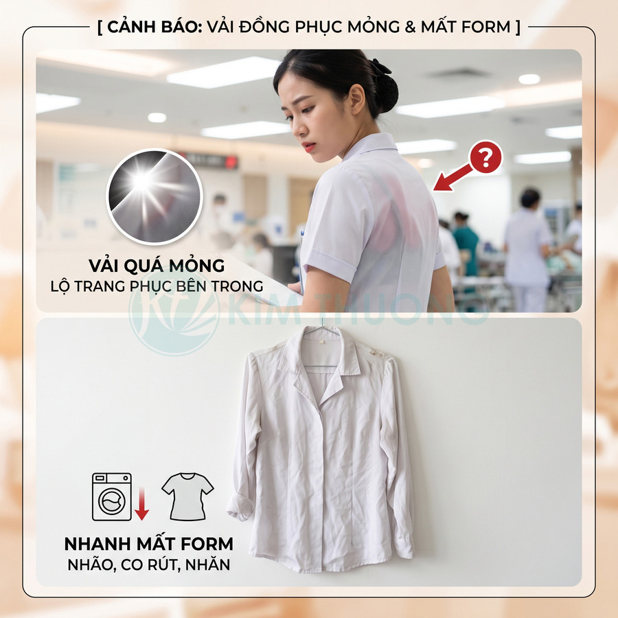 Đồng phục y tá màu trắng vải mỏng, nhanh nhão và nhăn, dễ lộ trang phục bên trong