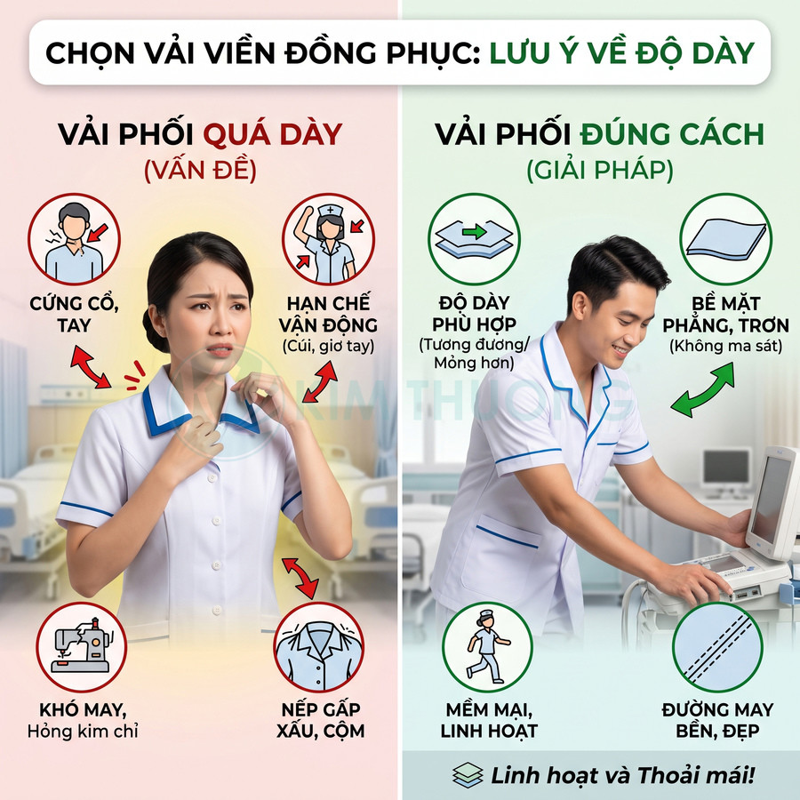 So sánh đồng phục y tá với viền vải quá dày gây khó chịu và viền mỏng đúng chuẩn giúp thoải mái linh hoạt