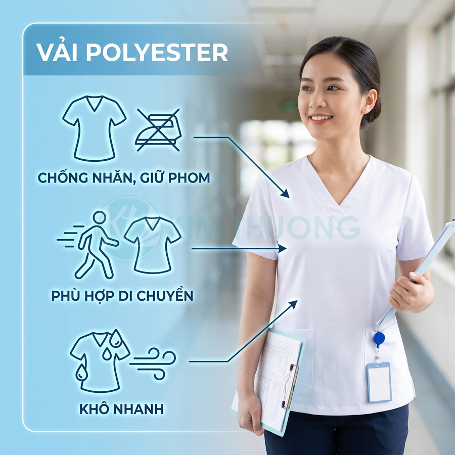 Đồng phục y tá vải polyester màu trắng chống nhăn, giữ phom, phù hợp di chuyển và nhanh khô