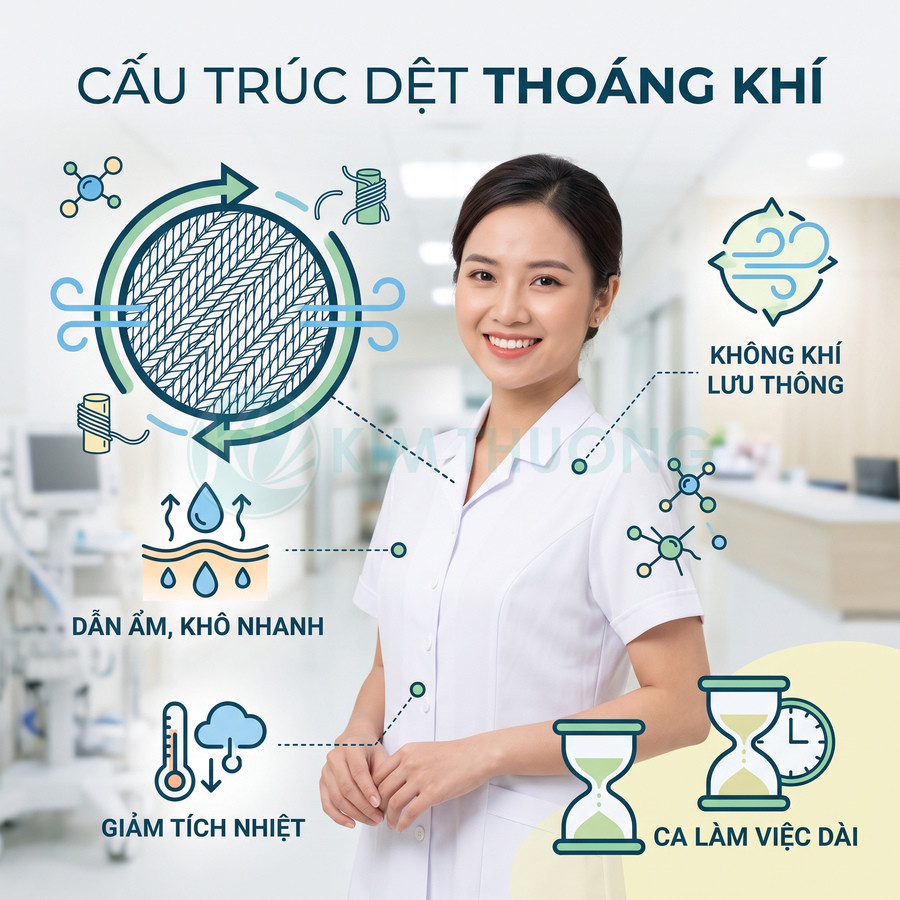 Đồng phục y tá vải dệt thoáng khí, dẫn ẩm khô nhanh, giảm tích nhiệt, phù hợp ca làm việc dài