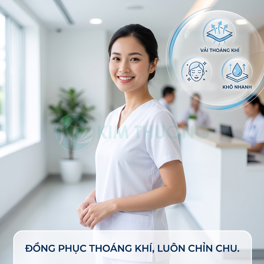 Nữ y tá mặc đồng phục y tế trắng vải thoáng khí, khô nhanh trong không gian bệnh viện sạch sẽ