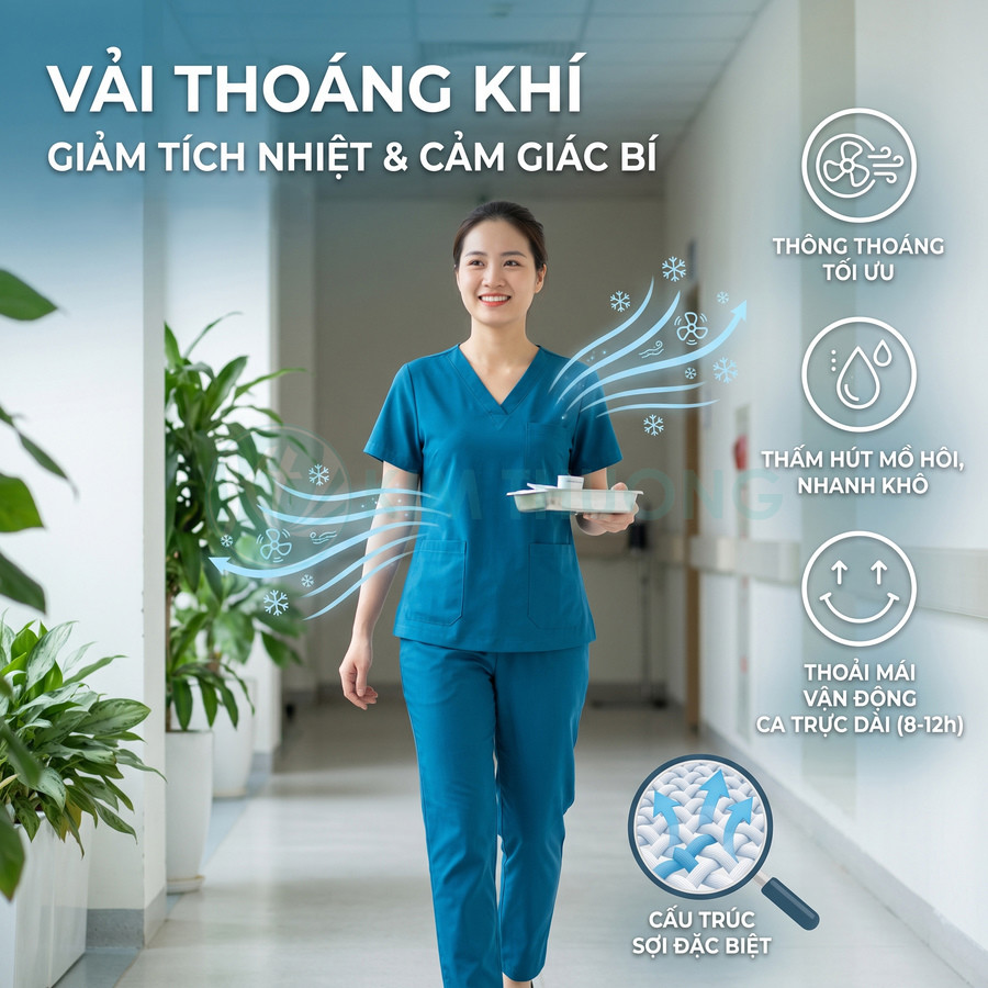 Đồng phục y tá vải thoáng khí màu xanh dương, thấm hút mồ hôi nhanh khô, thoải mái vận động ca trực dài