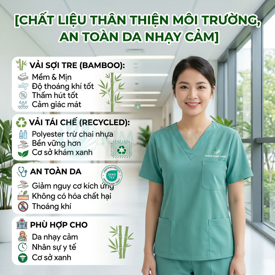 Đồng phục y tá màu xanh từ vải sợi tre và vải tái chế thân thiện môi trường an toàn cho da nhạy cảm