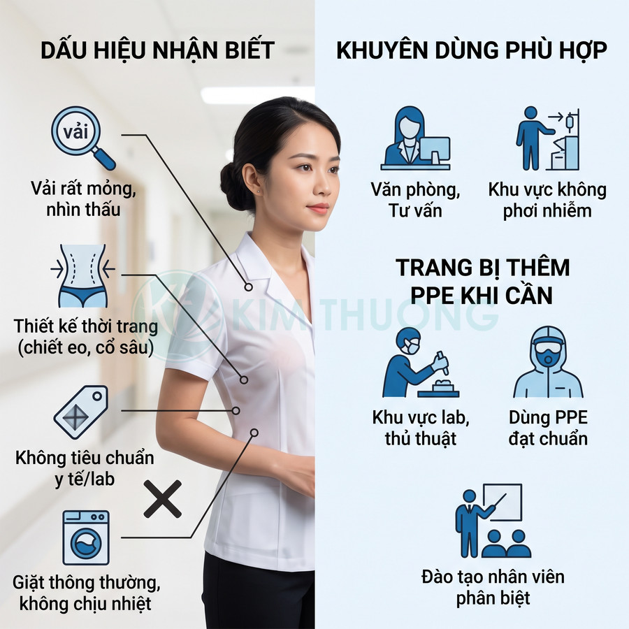 Đồng phục y tá nữ vải mỏng thời trang không đạt chuẩn y tế kèm khuyến nghị dùng thêm PPE trong khu vực lab