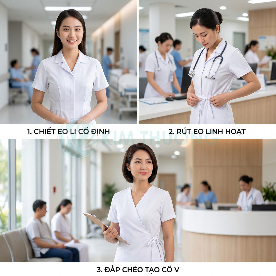 Đồng phục y tá nữ màu trắng với ba kiểu dáng chiết eo cố định, rút eo dây buộc và đắp chéo cổ V trong bệnh viện