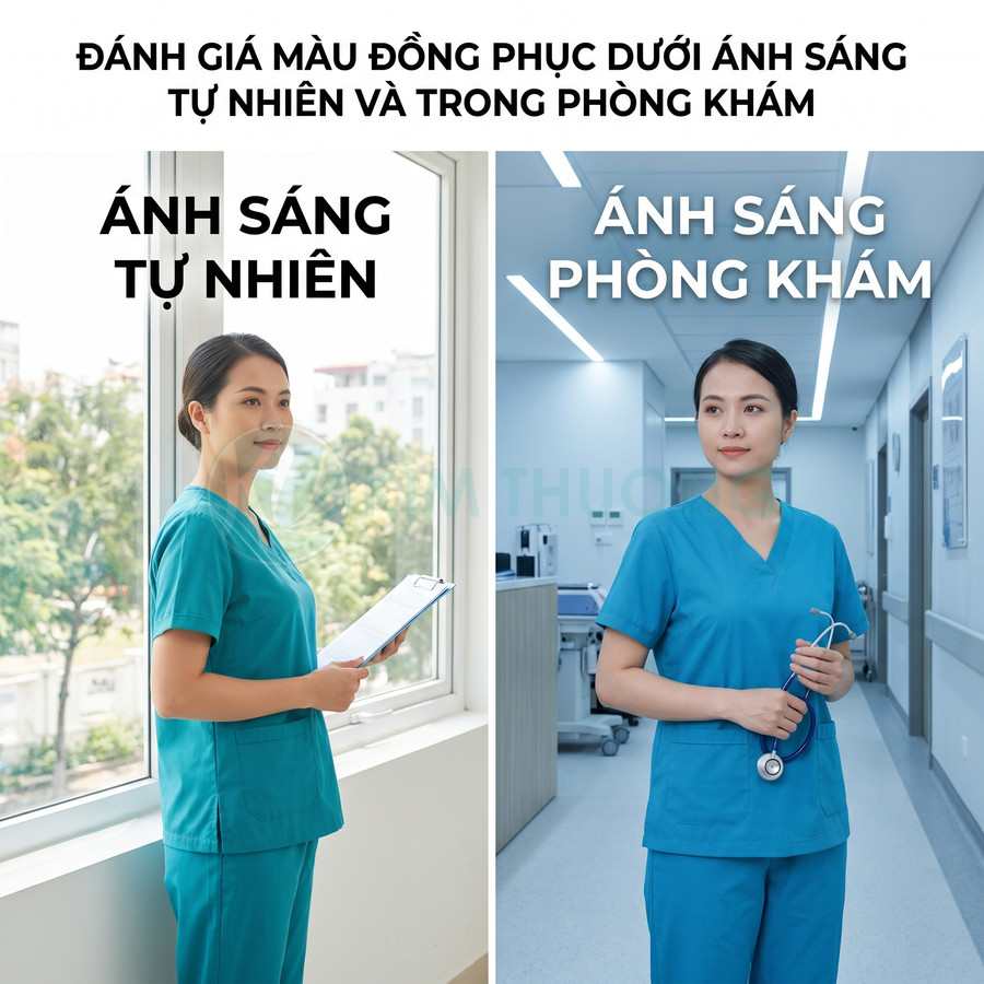 Đồng phục y tá màu xanh dương được so sánh dưới ánh sáng tự nhiên và ánh sáng phòng khám