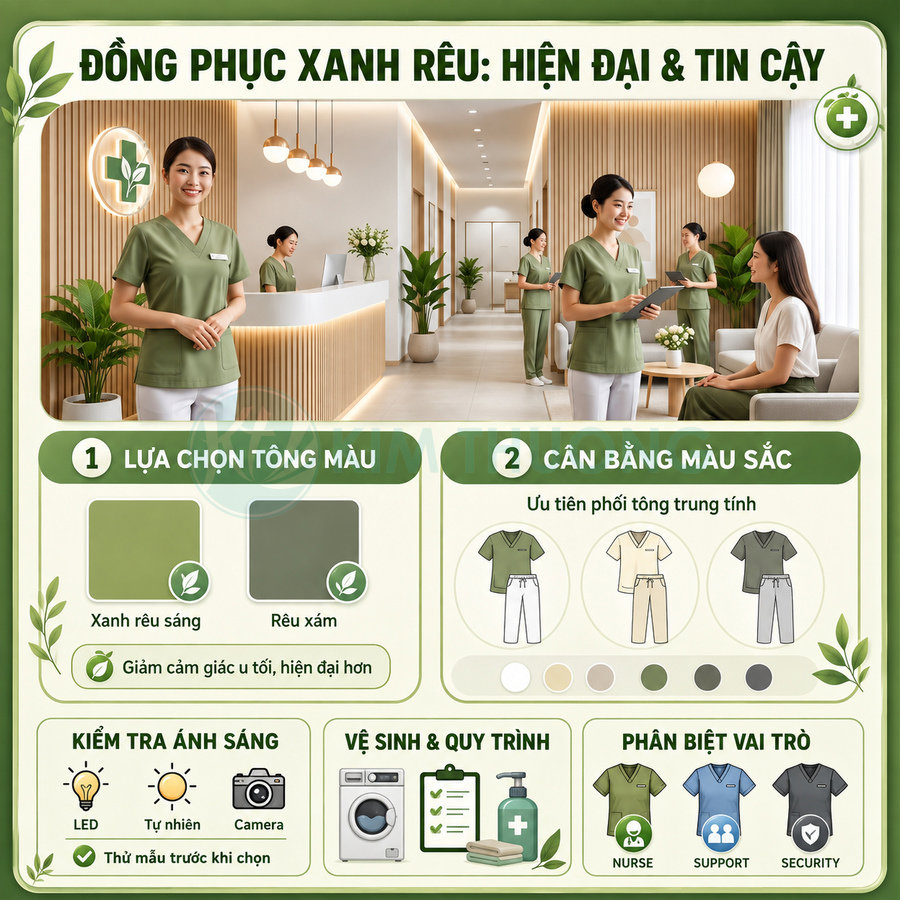 Đồng phục y tế xanh rêu hiện đại cho nhân viên phòng khám, phối quần trắng và không gian nội thất sáng, sạch sẽ