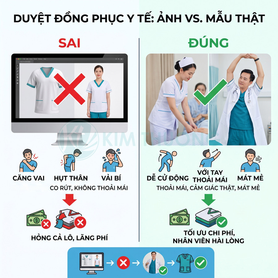 So sánh đồng phục y tế trên ảnh thiết kế và mẫu thật, nhấn mạnh sự thoải mái và tiết kiệm chi phí