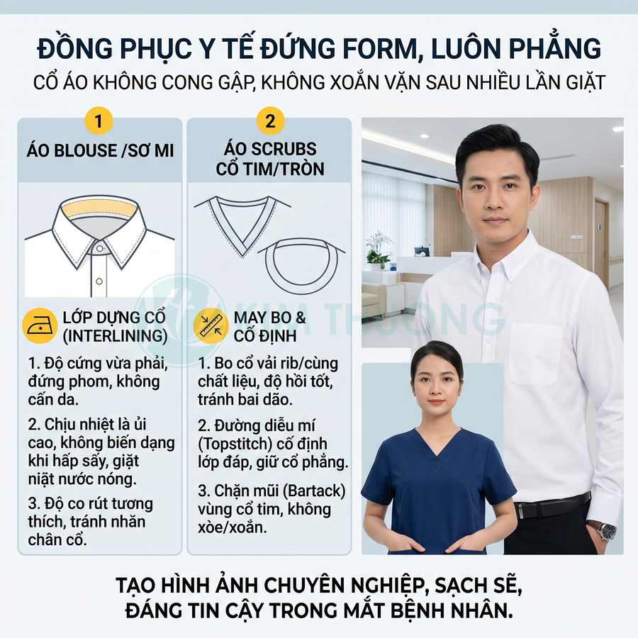 Đồng phục y tế cao cấp gồm áo blouse trắng cổ đứng form chuẩn và áo scrubs xanh cổ tim phẳng phiu