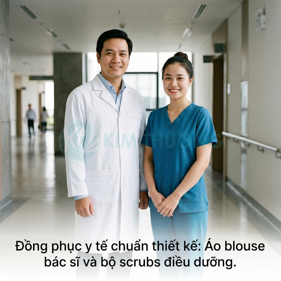 Đồng phục y tế Kim Thủy với áo blouse bác sĩ trắng và bộ scrubs điều dưỡng màu xanh trong hành lang bệnh viện