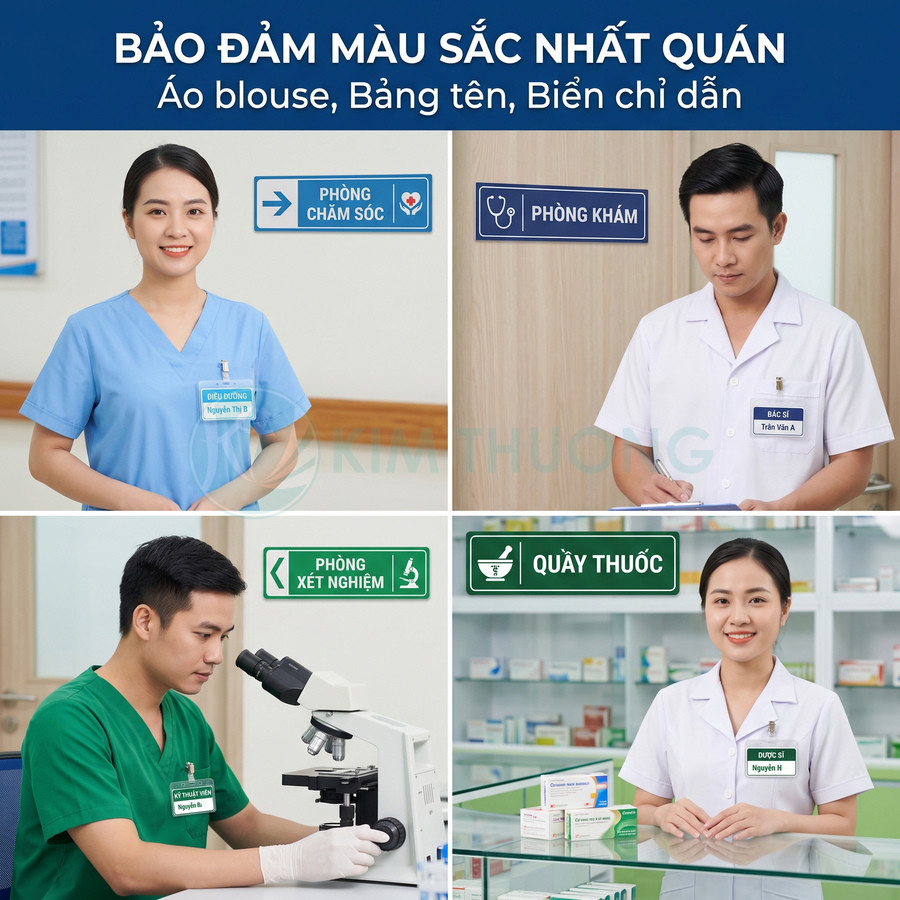 Nhân viên y tế mặc áo blouse gắn bảng tên và đứng cạnh các biển chỉ dẫn phòng khám, xét nghiệm, quầy thuốc