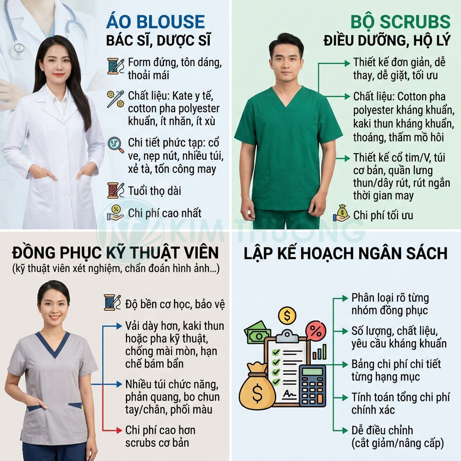 So sánh các loại đồng phục y tế áo blouse bác sĩ, bộ scrubs điều dưỡng và đồ kỹ thuật viên kèm ưu nhược điểm