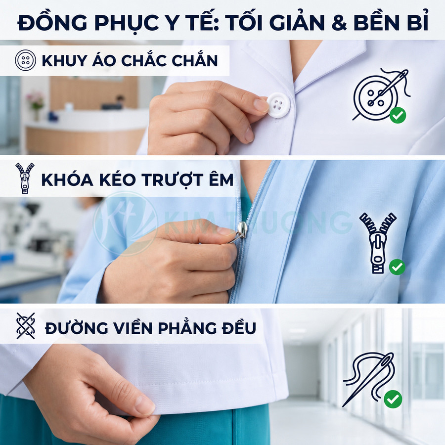 Đồng phục y tế màu trắng xanh với khuy áo chắc chắn, khóa kéo trượt êm và đường may phẳng đều