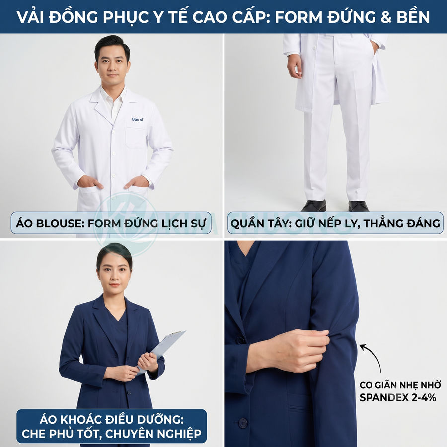 Đồng phục y tế cao cấp gồm áo blouse trắng, quần tây trắng và áo khoác điều dưỡng xanh navy form đứng