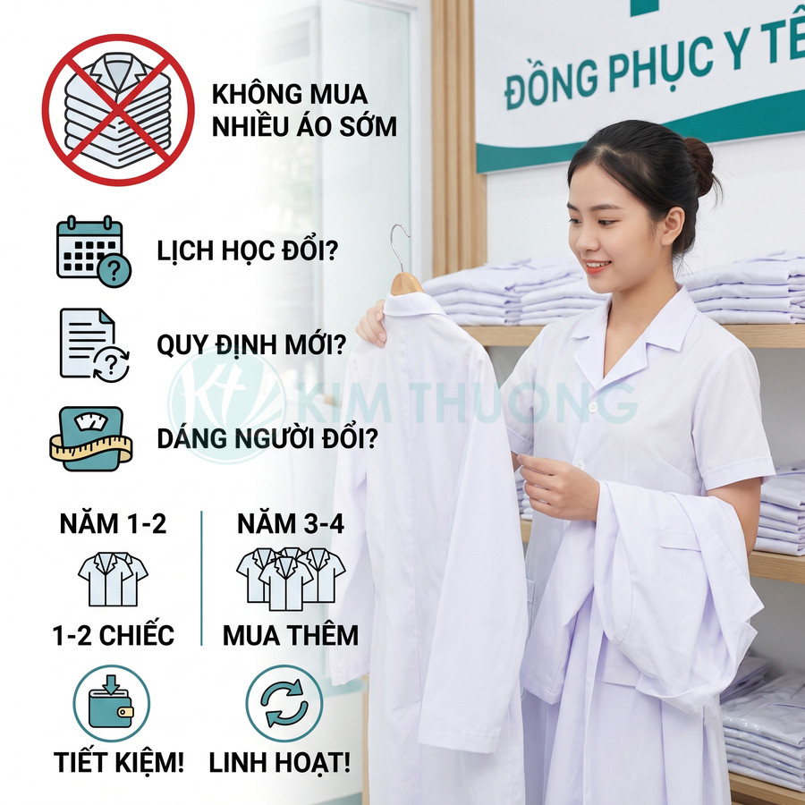 Nữ sinh mặc áo blouse trắng chọn mua đồng phục y tế tại cửa hàng Kim Thương