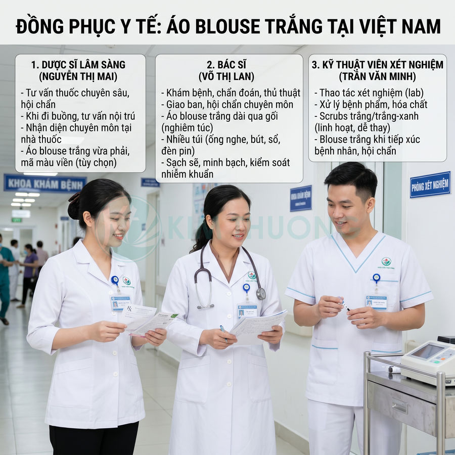 Đồng phục y tế áo blouse trắng cho dược sĩ bác sĩ kỹ thuật viên xét nghiệm trong bệnh viện Việt Nam