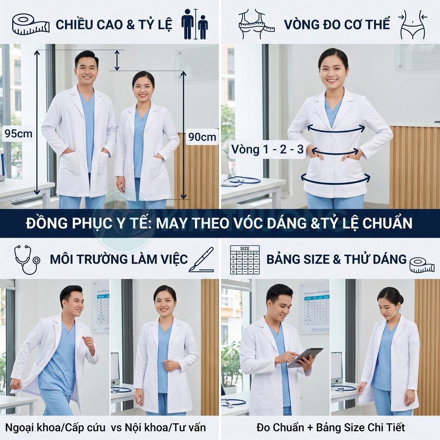 Đồng phục y tế màu xanh kèm áo blouse trắng may theo số đo cho bác sĩ và điều dưỡng