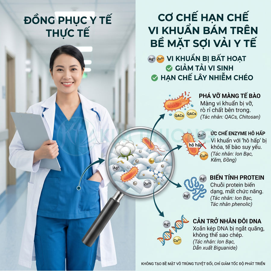 Đồng phục y tế màu xanh dương cho bác sĩ nữ, áo blouse trắng, mô tả cơ chế kháng khuẩn trên sợi vải y tế