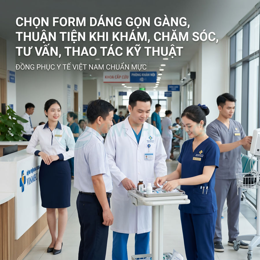 Đồng phục y tế bệnh viện Vinmec gọn gàng, bác sĩ và điều dưỡng tư vấn cho bệnh nhân tại sảnh khám chữa bệnh
